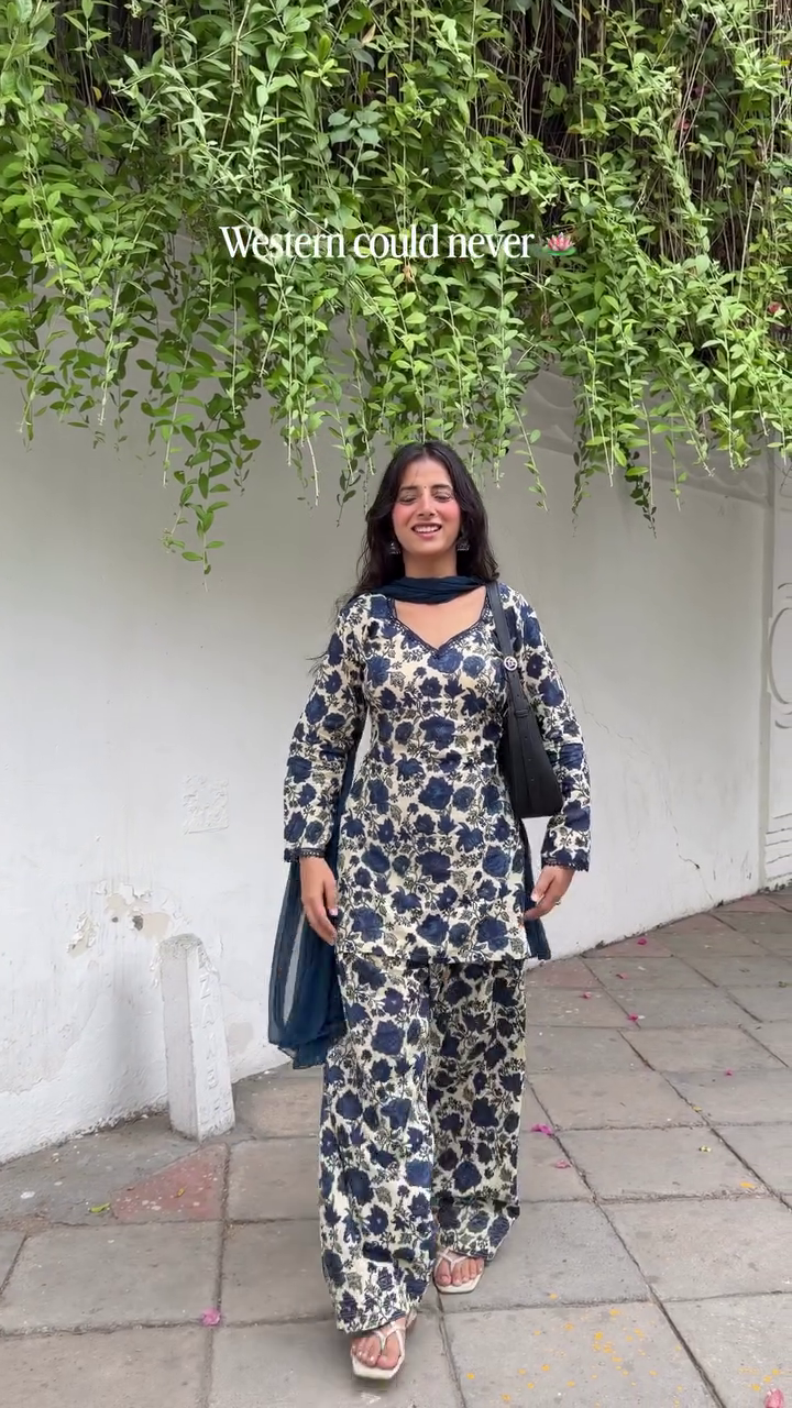 Elegant Blue and White Floral Printed Traditional Kurti Set Featuring a Matching Dupatta and Flared Sharara Pants 💙