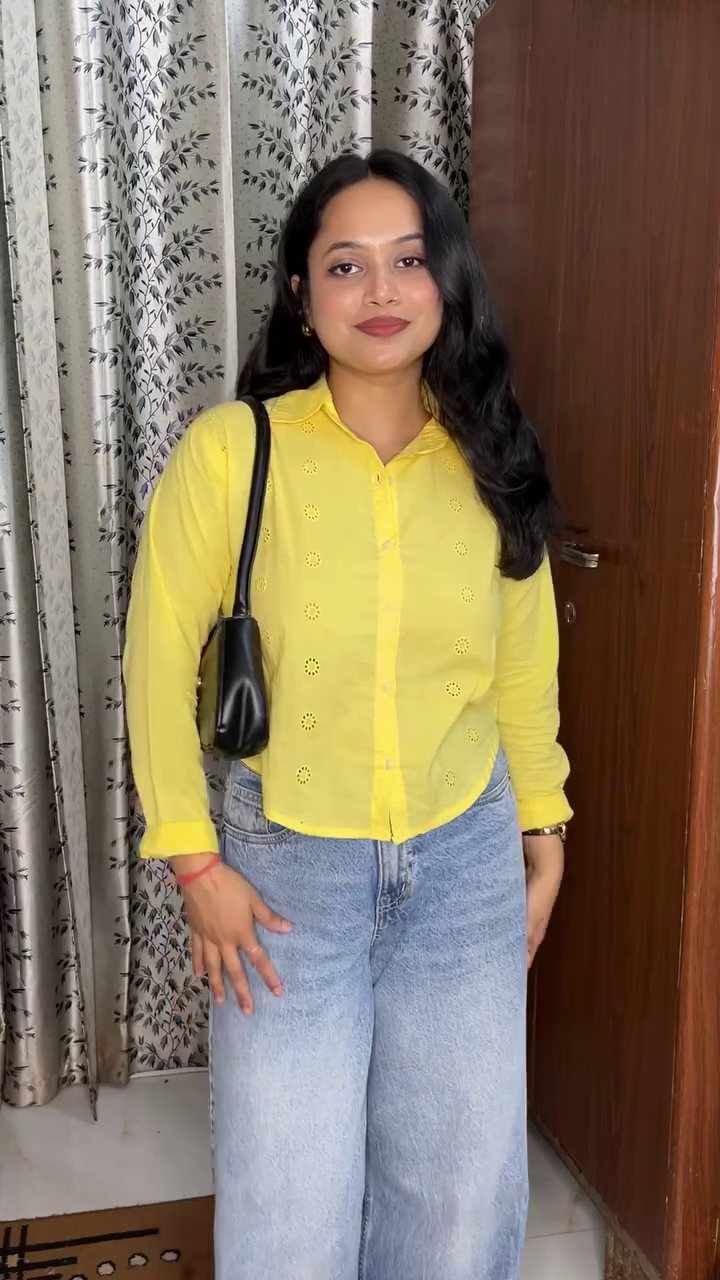 Vibrant Yellow Cotton Long-Sleeve Button-Down Shirt Featuring Subtle Laser-Cut Eyelet Embroidery Paired with Light Wash Wide-Leg Jeans 👖