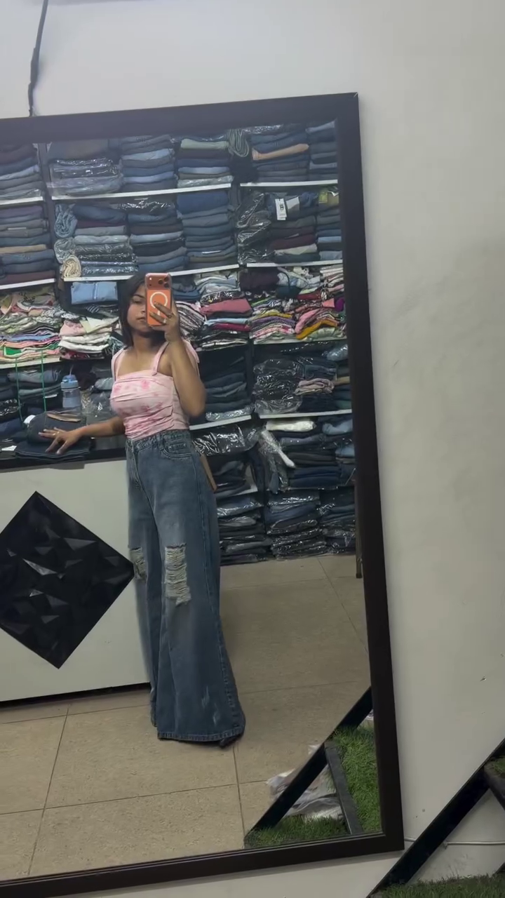 Sweet Pink Floral Print Sleeveless Strappy Ruched Top Paired with Trendy Distressed Wide-Leg Denim Jeans 👖