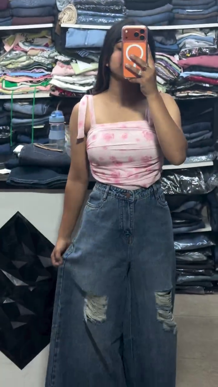 Sweet Pink Floral Print Sleeveless Strappy Ruched Top Paired with Trendy Distressed Wide-Leg Denim Jeans 👖
