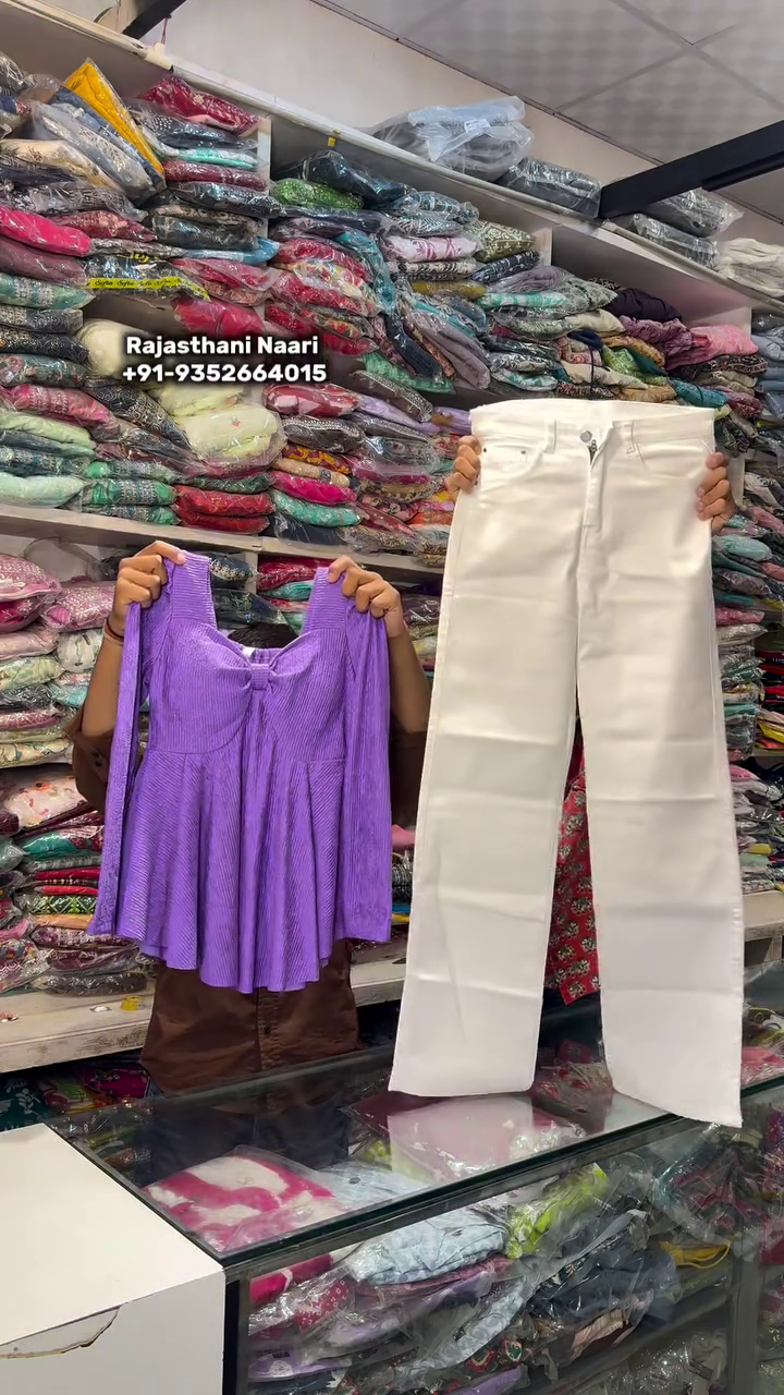🌸 Elegant Purple V-Neck Textured Peplum Top Paired with Clean White High-Rise Wide-Leg Trousers 🤍