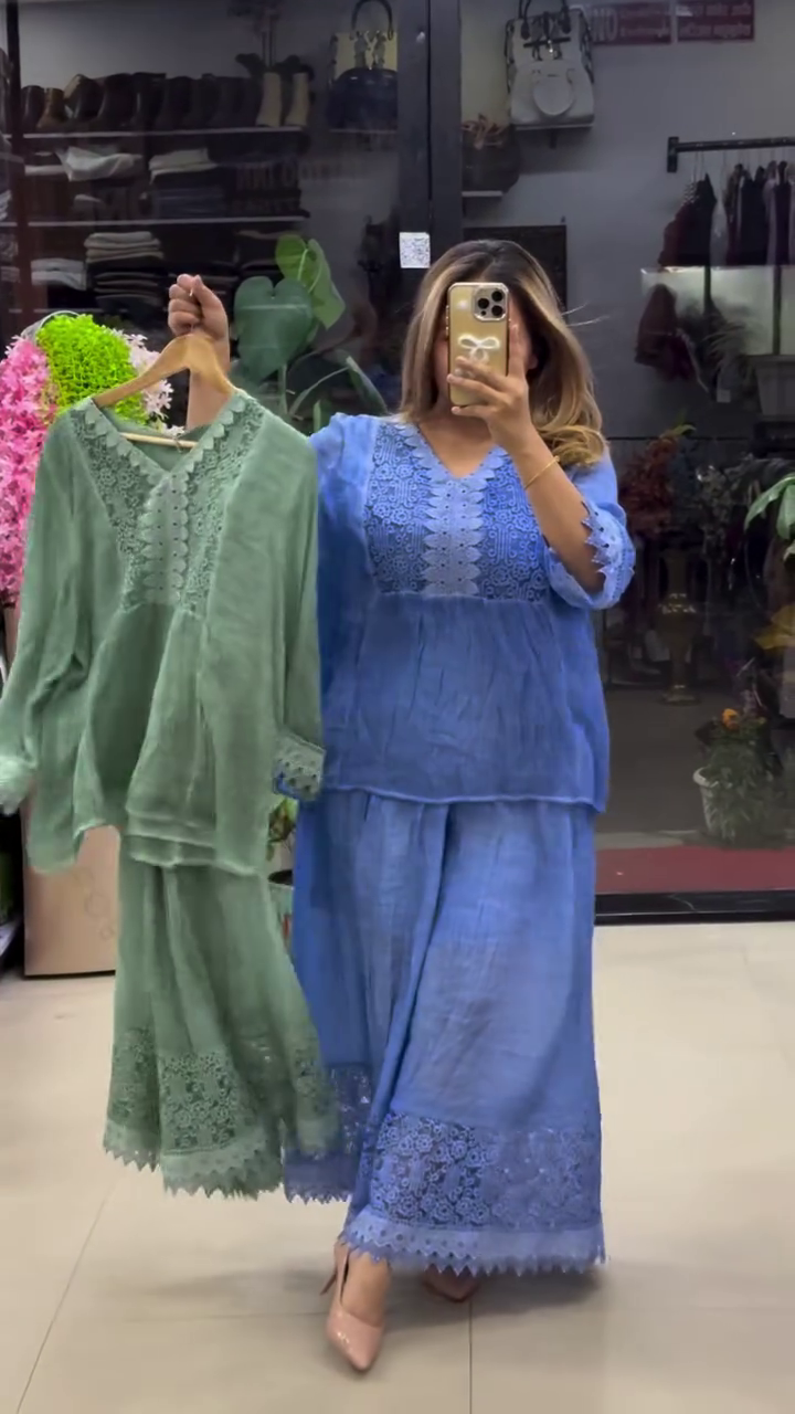 Sage Green Cotton Kurti Co-Ord Set with Delicate White Lace Embroidery on Neckline and Hem 🍃
