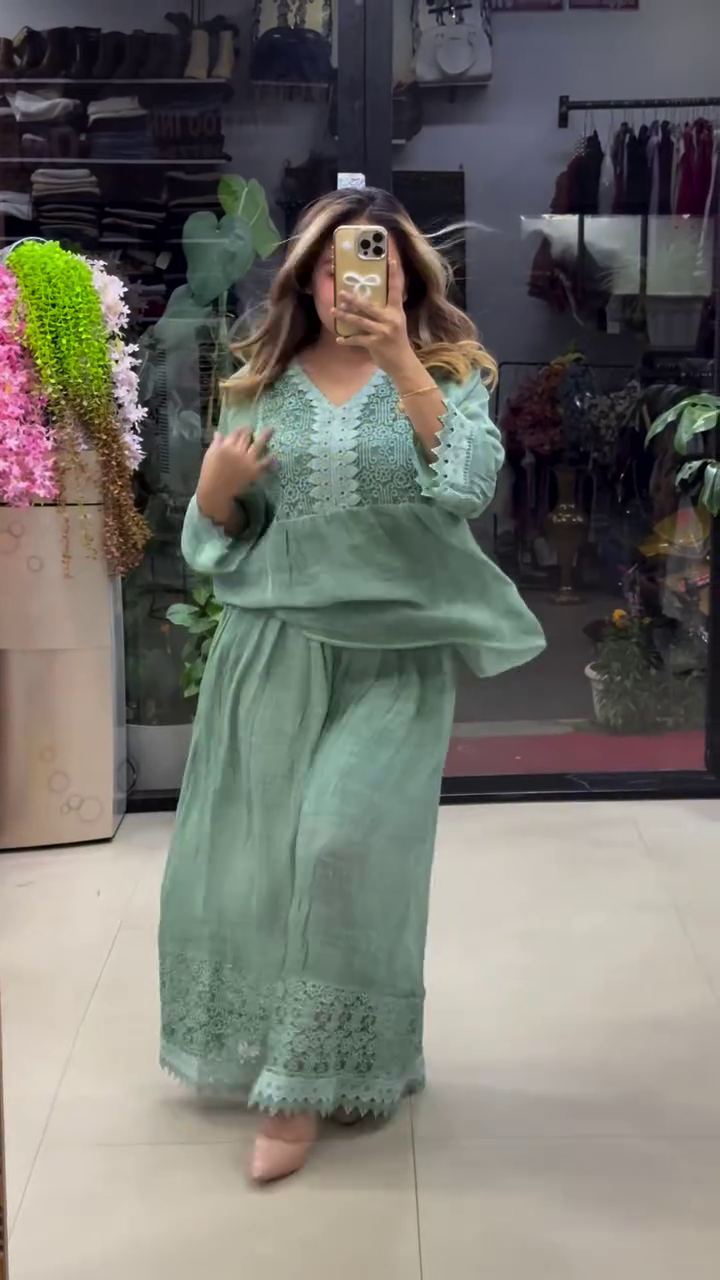 Sage Green Cotton Kurti Co-Ord Set with Delicate White Lace Embroidery on Neckline and Hem 🍃