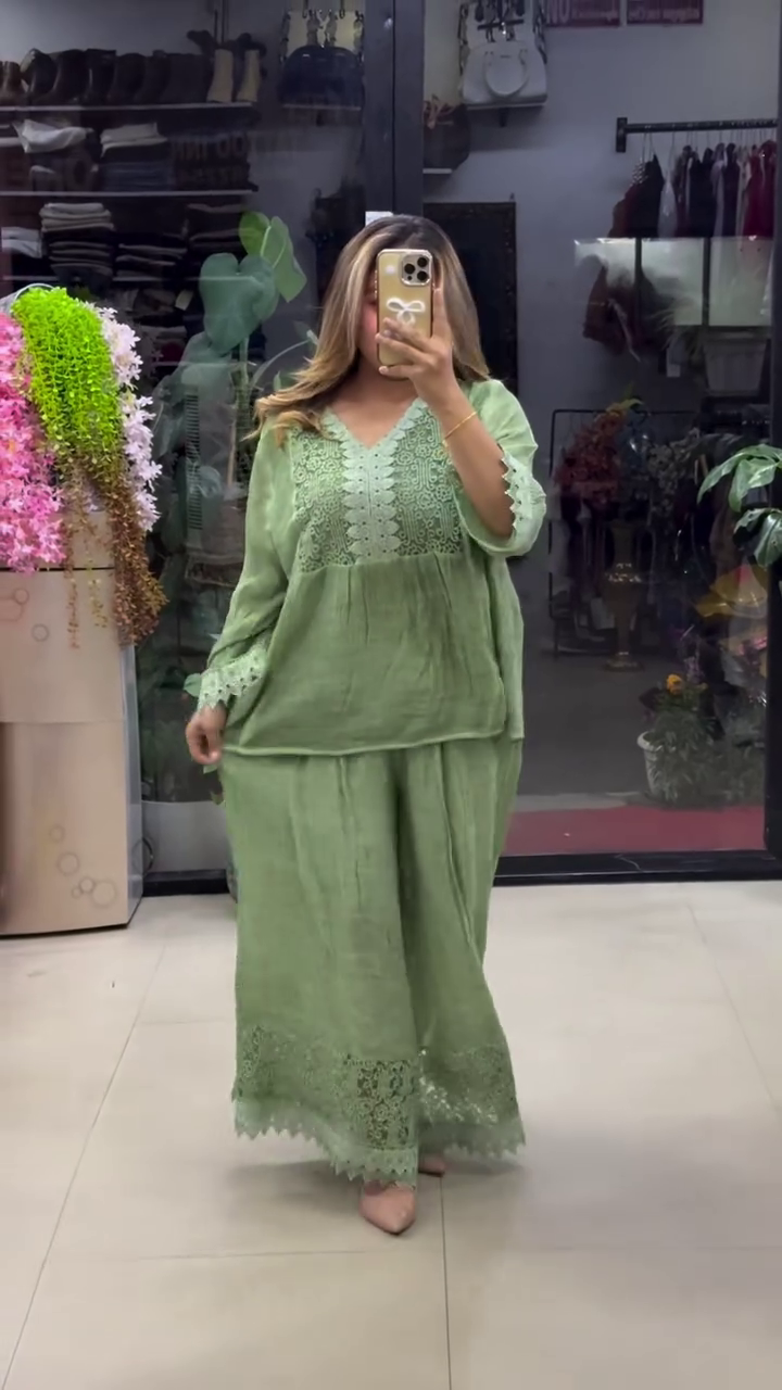 Sage Green Cotton Kurti Co-Ord Set with Delicate White Lace Embroidery on Neckline and Hem 🍃
