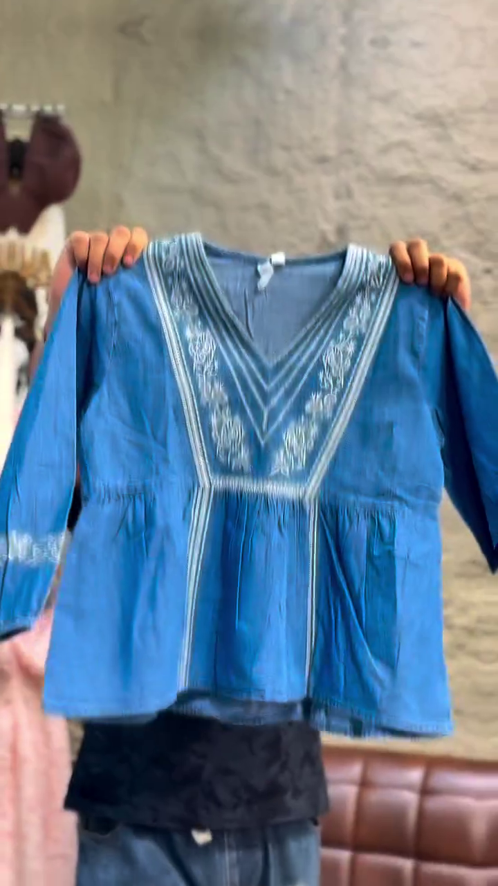 Vibrant Blue V-Neck Tunic Top with White Thread Embroidery and Gathered Waist Detailing 🧵