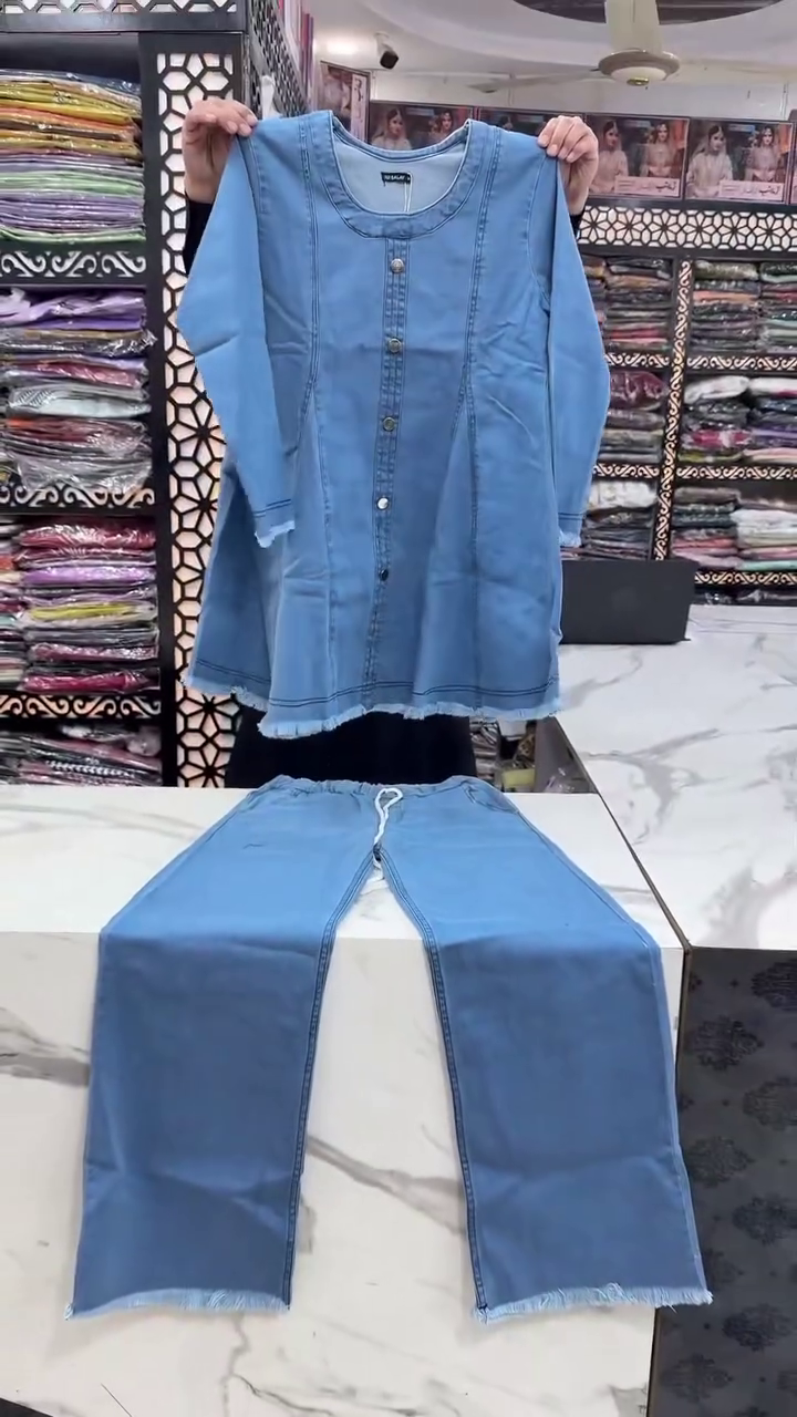 Casual Light Blue Denim Straight-Cut Kurti Featuring Full-Length Sleeves and Contrast Stitching Paired with Matching Denim Trousers 👖