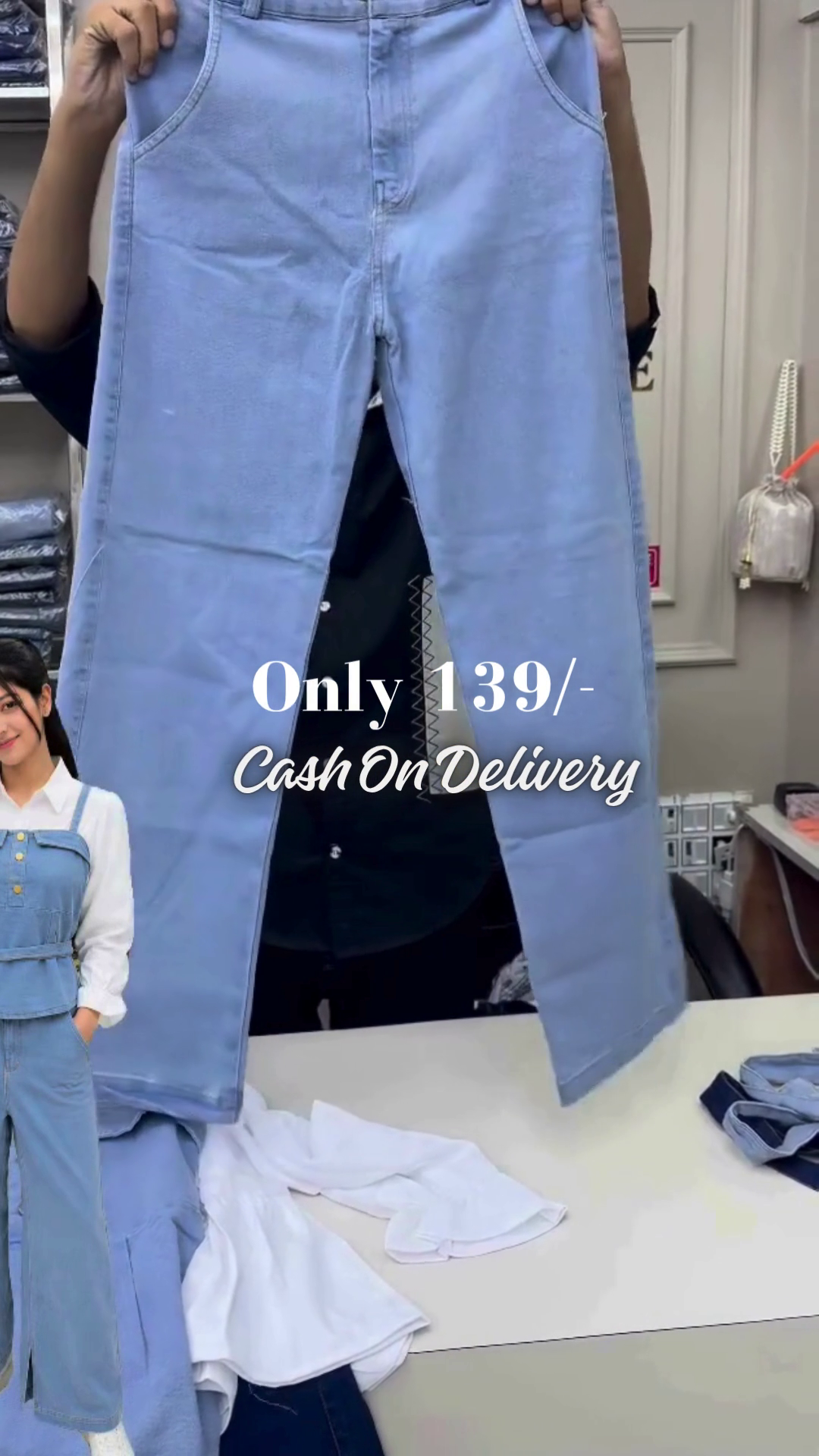 Chic Light Blue Denim Corset-Style Suspender Top with Golden Buttons Overlaid on a Crisp White Long-Sleeve Shirt and Denim Bottoms 🤍