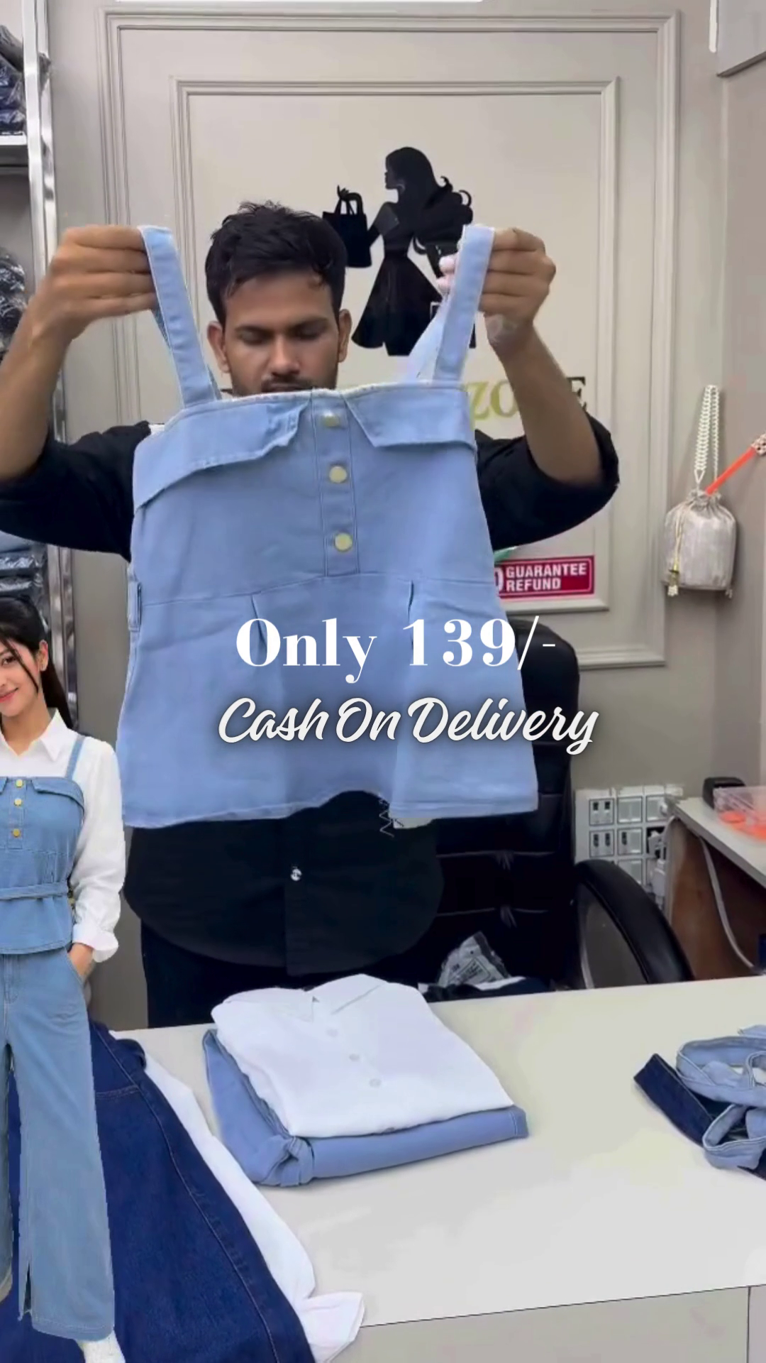 Chic Light Blue Denim Corset-Style Suspender Top with Golden Buttons Overlaid on a Crisp White Long-Sleeve Shirt and Denim Bottoms 🤍