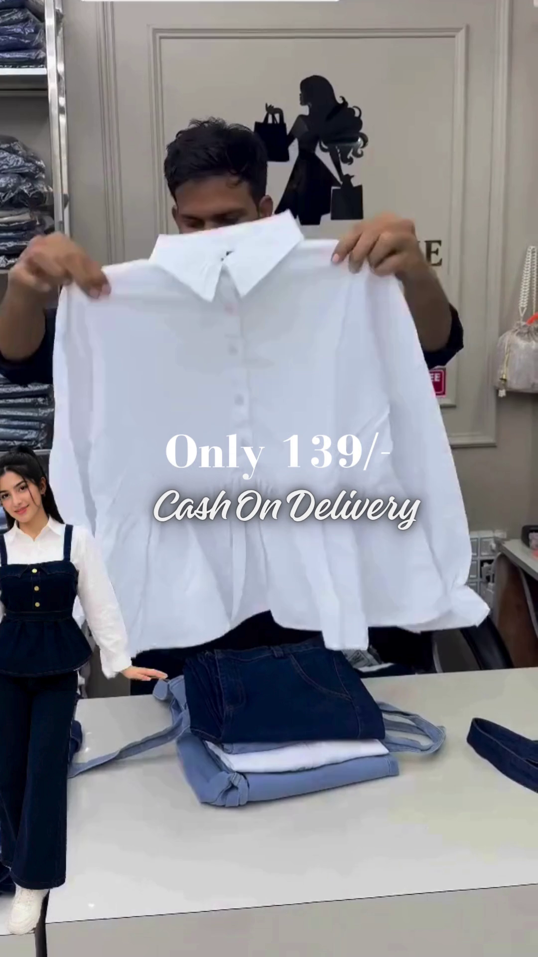 Chic Light Blue Denim Corset-Style Suspender Top with Golden Buttons Overlaid on a Crisp White Long-Sleeve Shirt and Denim Bottoms 🤍