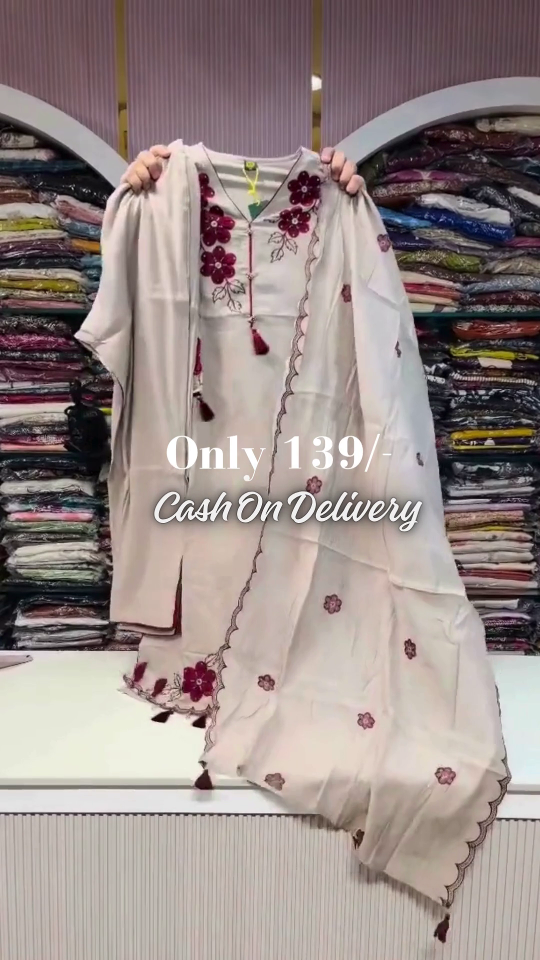 Cream-Colored Cotton Ethnic Kurti Set Featuring Rich Maroon Floral Appliques, Tie-Up Tassel Neckline, and Scalloped Border Dupatta 🍷