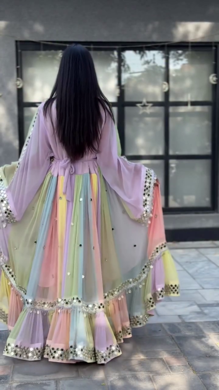 🌈 Vibrant Multicolor Pastel Paneled Anarkali Gown Featuring Shimmering Mirror-Work Embellishments and Ruffled Hemline ✨