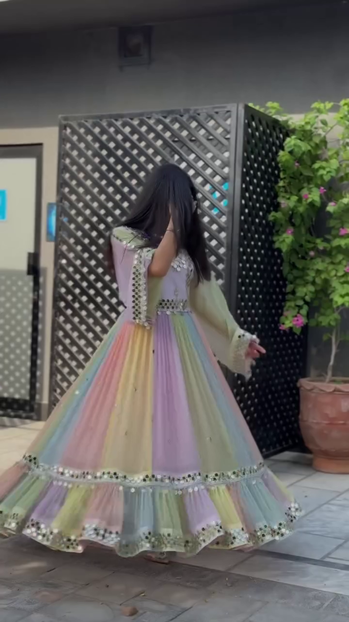 🌈 Vibrant Multicolor Pastel Paneled Anarkali Gown Featuring Shimmering Mirror-Work Embellishments and Ruffled Hemline ✨