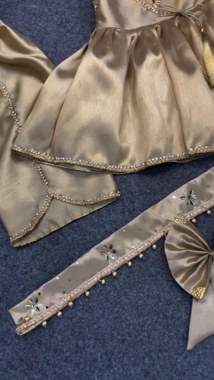 Exquisite Traditional Golden Silk Ethnic Kurta and Gathered Skirt Set Embellished with Mirror Work and Tassels ✨