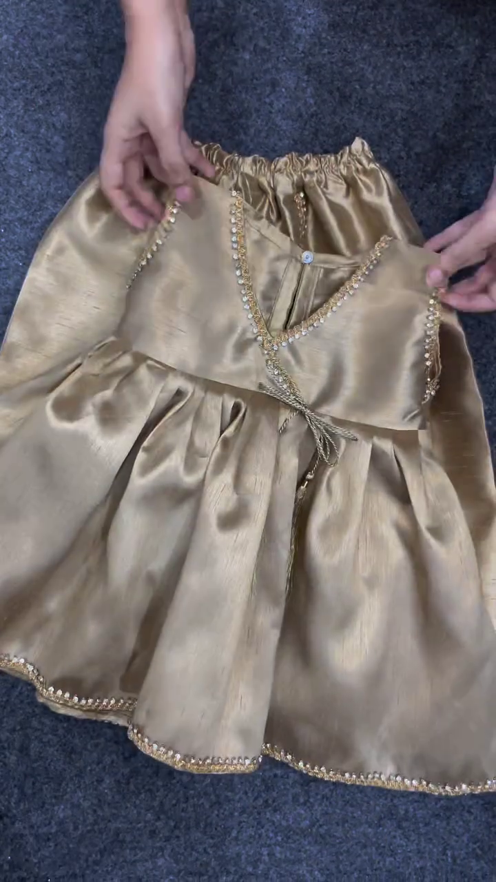 Exquisite Traditional Golden Silk Ethnic Kurta and Gathered Skirt Set Embellished with Mirror Work and Tassels ✨