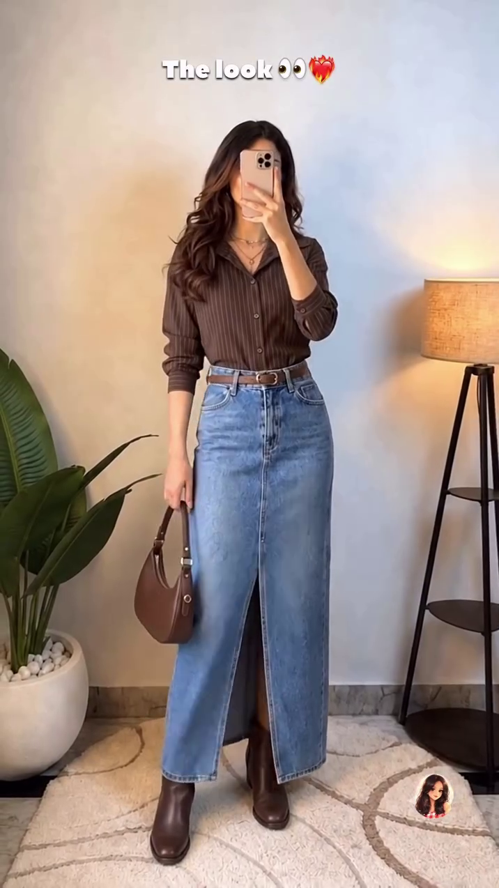 Chic Chocolate Brown Fine Pinstripe Long-Sleeve Button-Down Shirt Styled with a High-Waist Front-Slit Denim Maxi Skirt 🤎
