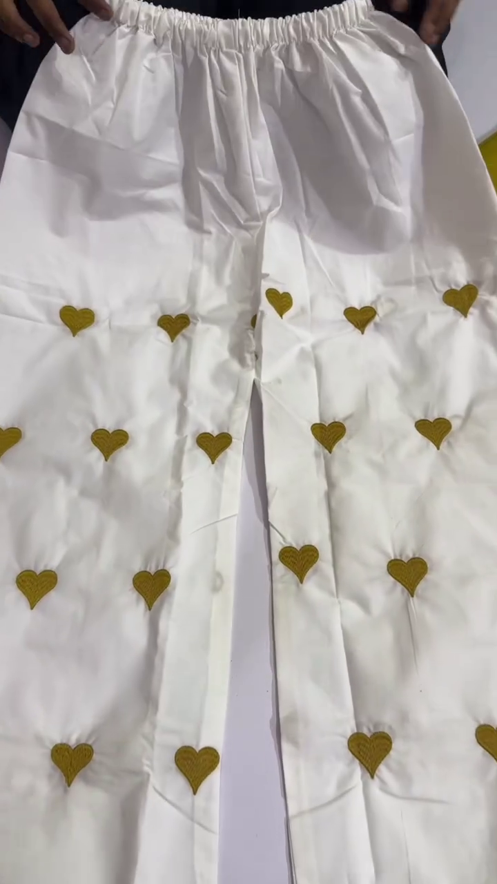 Traditional Mustard Yellow Straight-Cut Kurti and White Palazzos Decorated with Golden Heart Motifs and Scalloped Hems 🌼