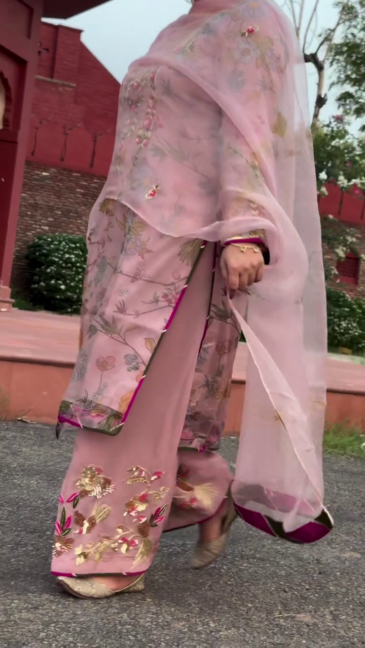 Elegant Pastel Pink Georgette Kurti and Palazzo Suit Set with Delicate Floral Embroidery and Matching Sheer Dupatta 💕