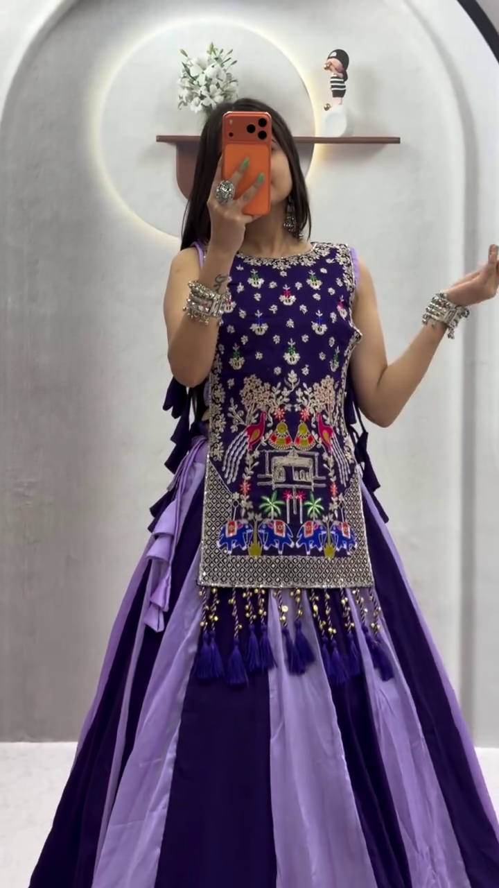 Regal Deep Purple and Lavender Panel-Stitched Lehenga Choli Set Featuring Heavy Traditional Zardozi and Multi-Colored Thread Embroidery 💜
