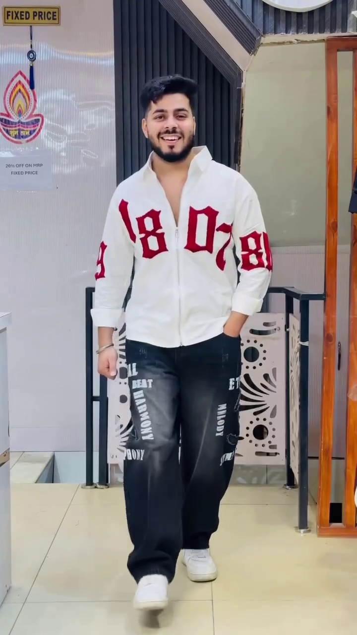 Dynamic White Long-Sleeve Casual Button-Down Shirt Boldly Accented with Red Typography Prints and Black Graphic Denim Jeans ❤️🖤
