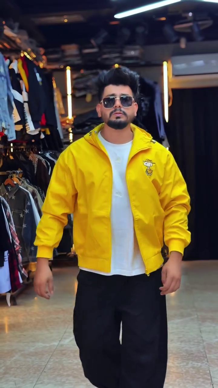 Vibrant Yellow Casual Hooded Zip-Up Jacket Styled with a White T-Shirt and Black Cargo Pants 💛🖤