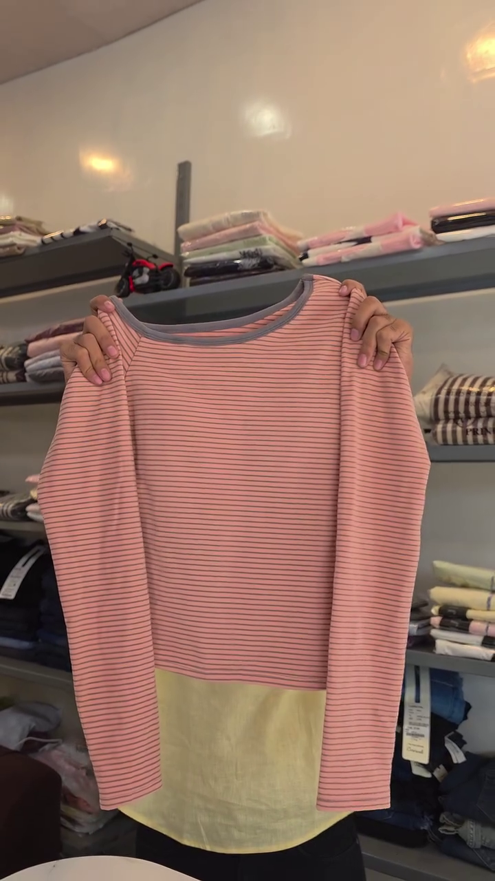 Striped Pink Long-Sleeve Top Paired With Dark Denim Wide-Leg Trousers 🩷👖✨
