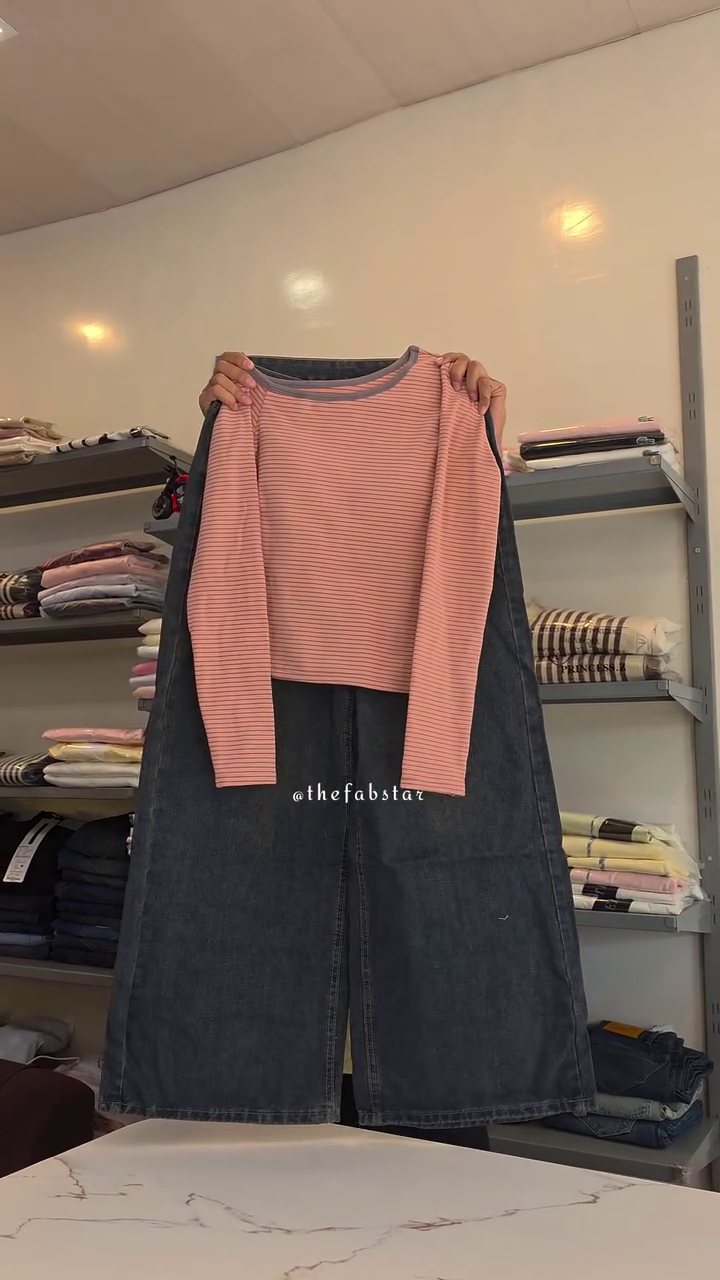 Striped Pink Long-Sleeve Top Paired With Dark Denim Wide-Leg Trousers 🩷👖✨
