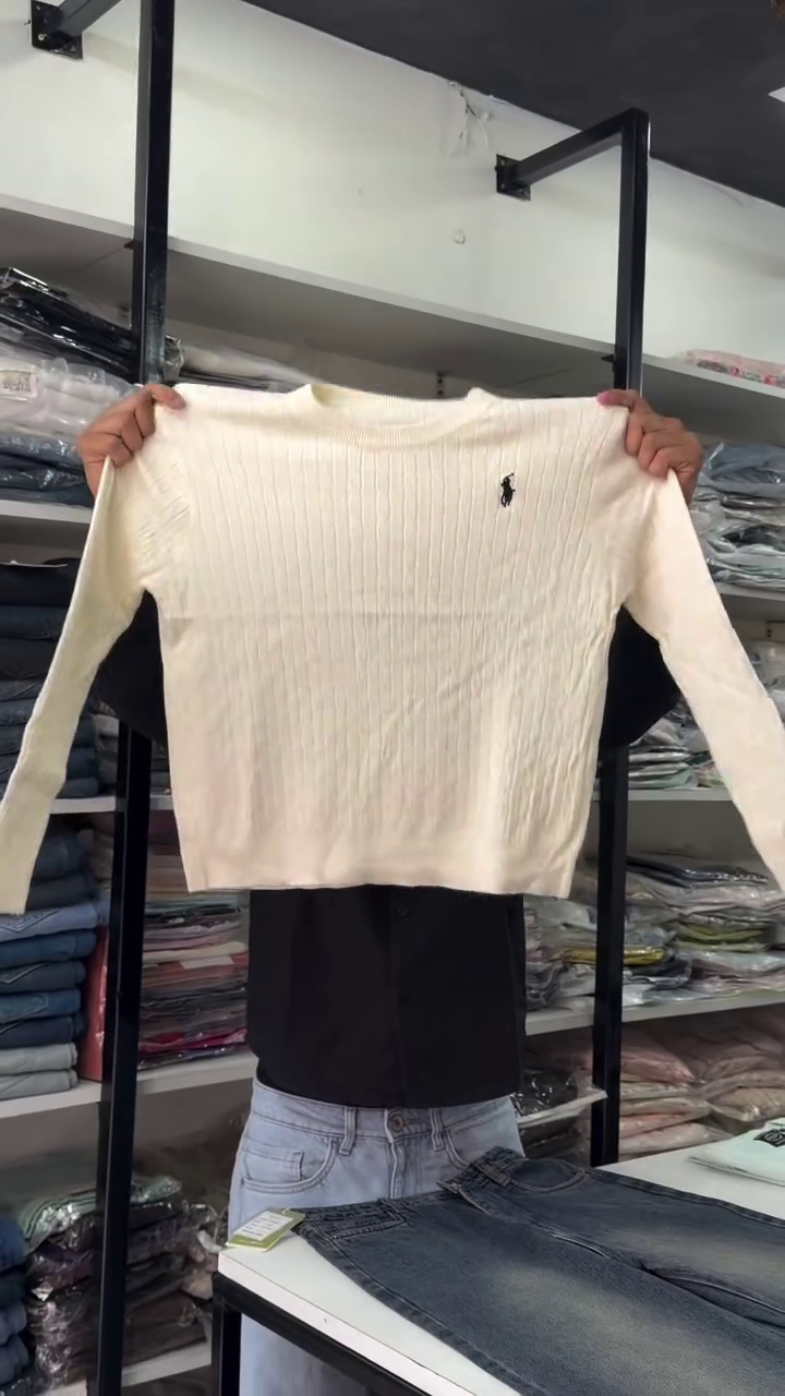 Classic Ribbed Knit Cream Sweater Paired With Dark Denim Wide-Leg Pants 🤍🧶👖