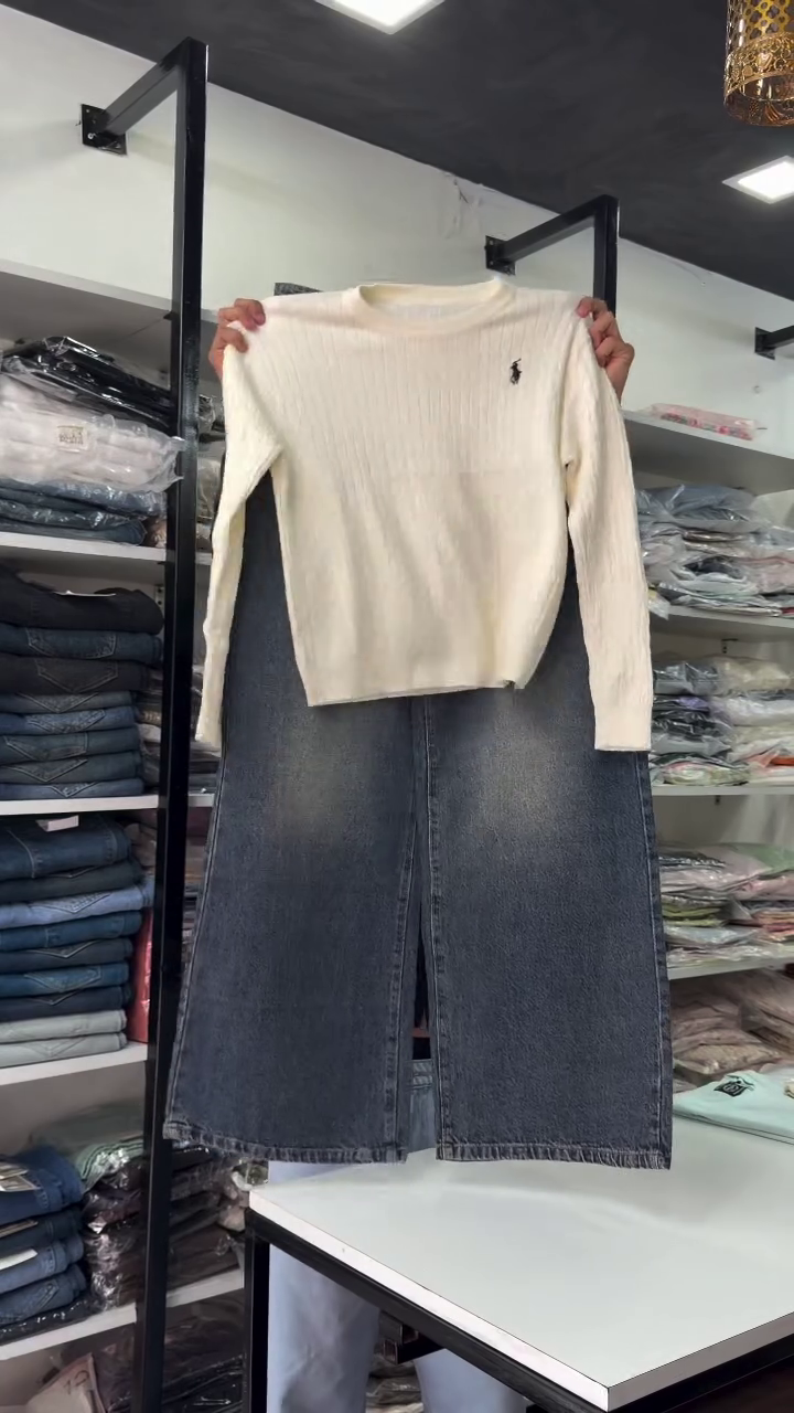 Classic Ribbed Knit Cream Sweater Paired With Dark Denim Wide-Leg Pants 🤍🧶👖