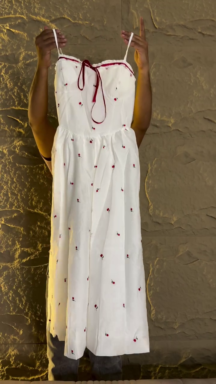 Whimsical White Spaghetti Strap Midi Dress With Red Floral Embroidery And Tie-Up Bow 🤍🌹🎀✨