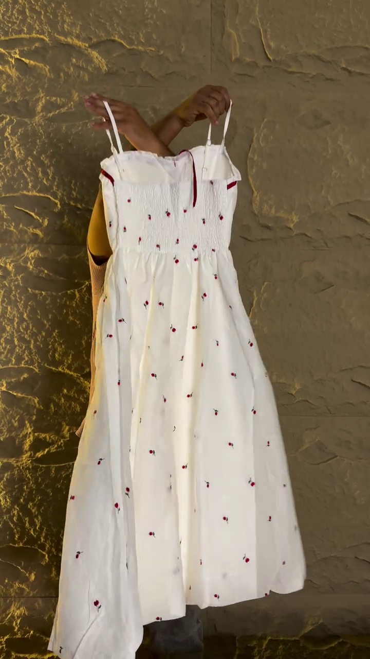 Whimsical White Spaghetti Strap Midi Dress With Red Floral Embroidery And Tie-Up Bow 🤍🌹🎀✨