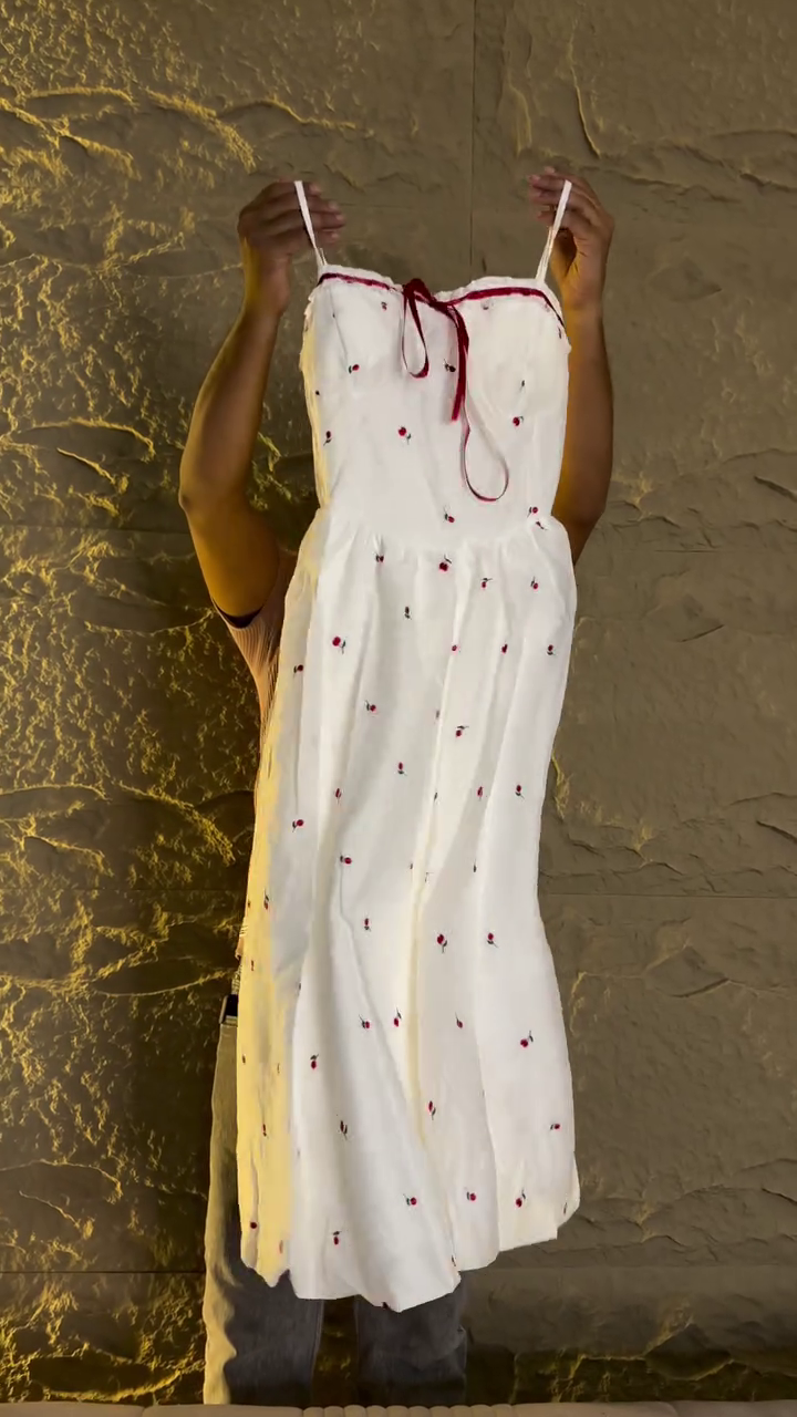 Whimsical White Spaghetti Strap Midi Dress With Red Floral Embroidery And Tie-Up Bow 🤍🌹🎀✨