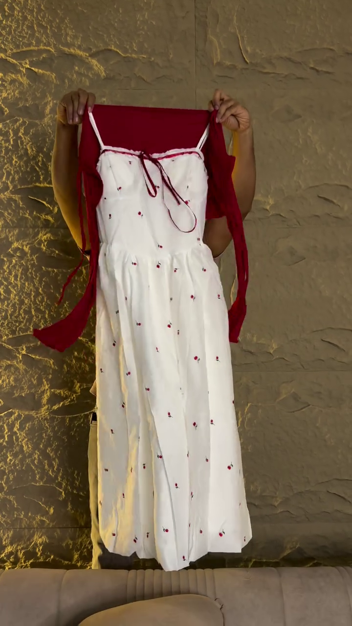 Whimsical White Spaghetti Strap Midi Dress With Red Floral Embroidery And Tie-Up Bow 🤍🌹🎀✨