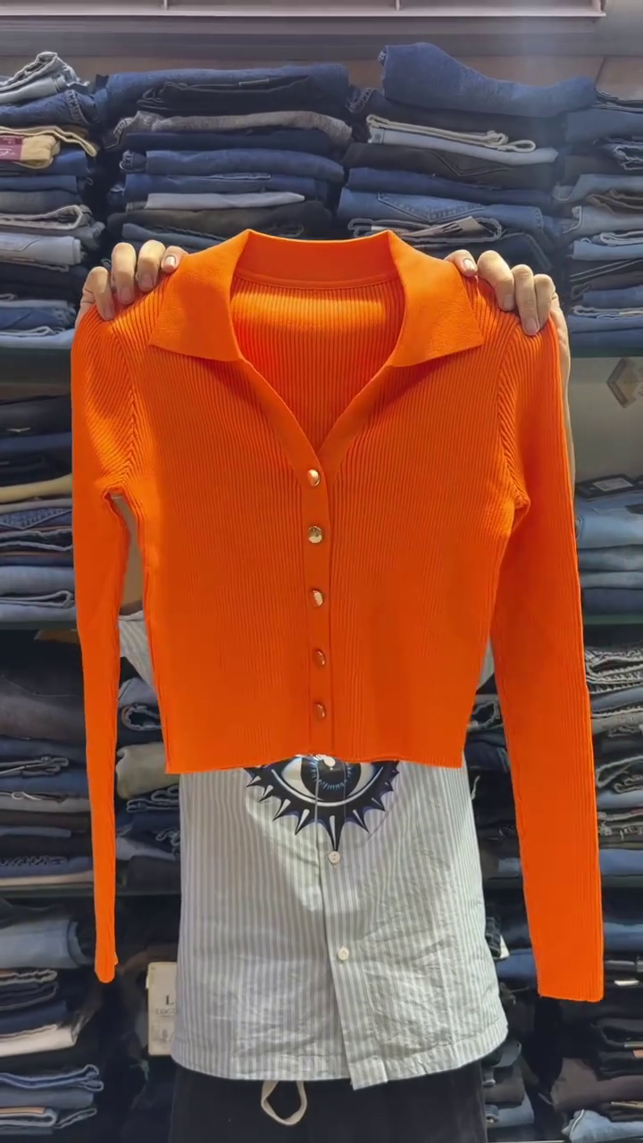 Vibrant Orange Ribbed Knit Cardigan With Gold Button Details 🍊✨🧶