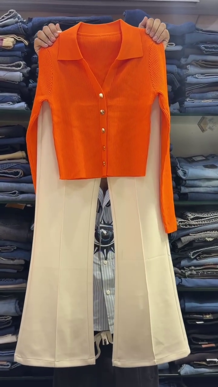 Vibrant Orange Ribbed Knit Cardigan With Gold Button Details 🍊✨🧶