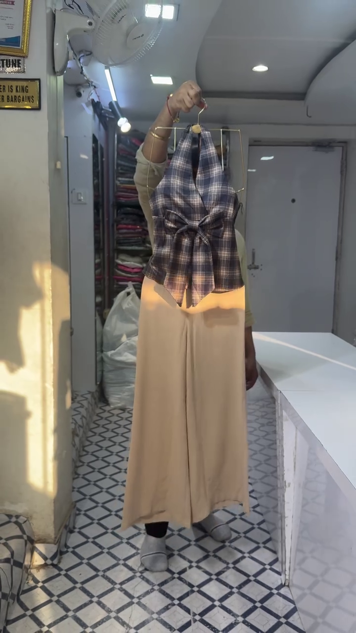 Chic Blue Plaid Halter Neck Top With Front Bow And Beige Wide-Leg Trousers 💙🤎🎀✨