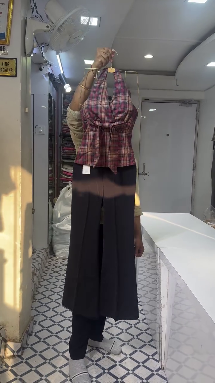 Chic Blue Plaid Halter Neck Top With Front Bow And Beige Wide-Leg Trousers 💙🤎🎀✨