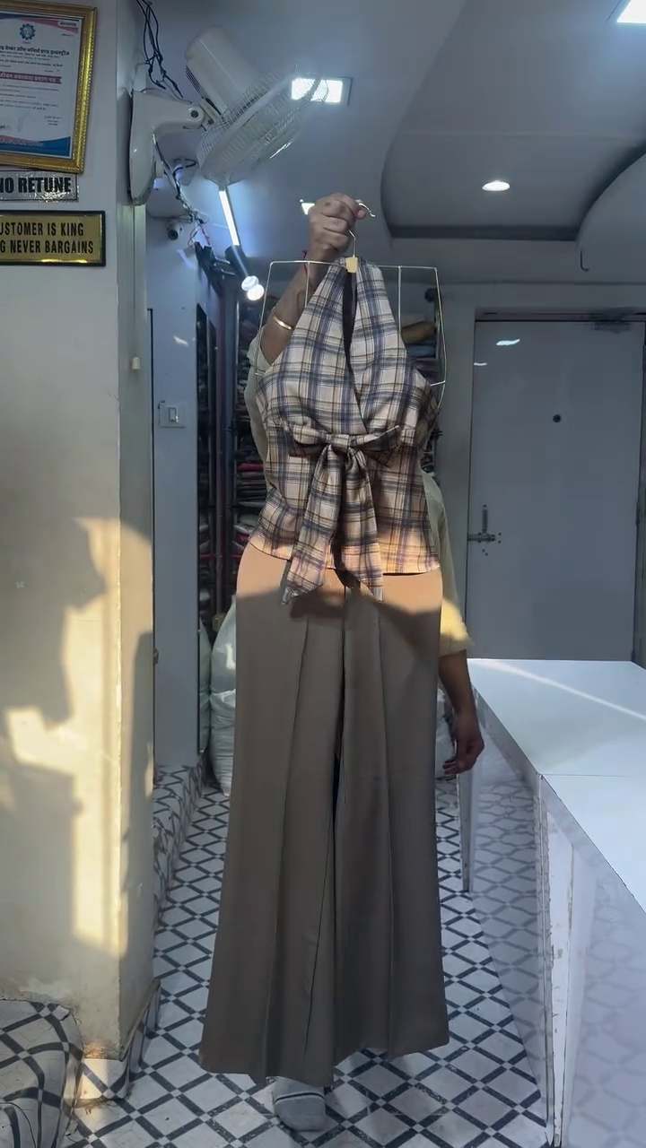 Chic Blue Plaid Halter Neck Top With Front Bow And Beige Wide-Leg Trousers 💙🤎🎀✨