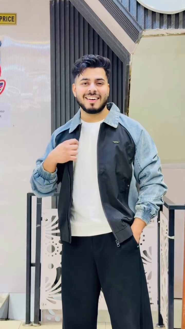 Sporty Cream Casual Jacket With Denim Pocket Accents And Black Joggers 🤍🖤✨