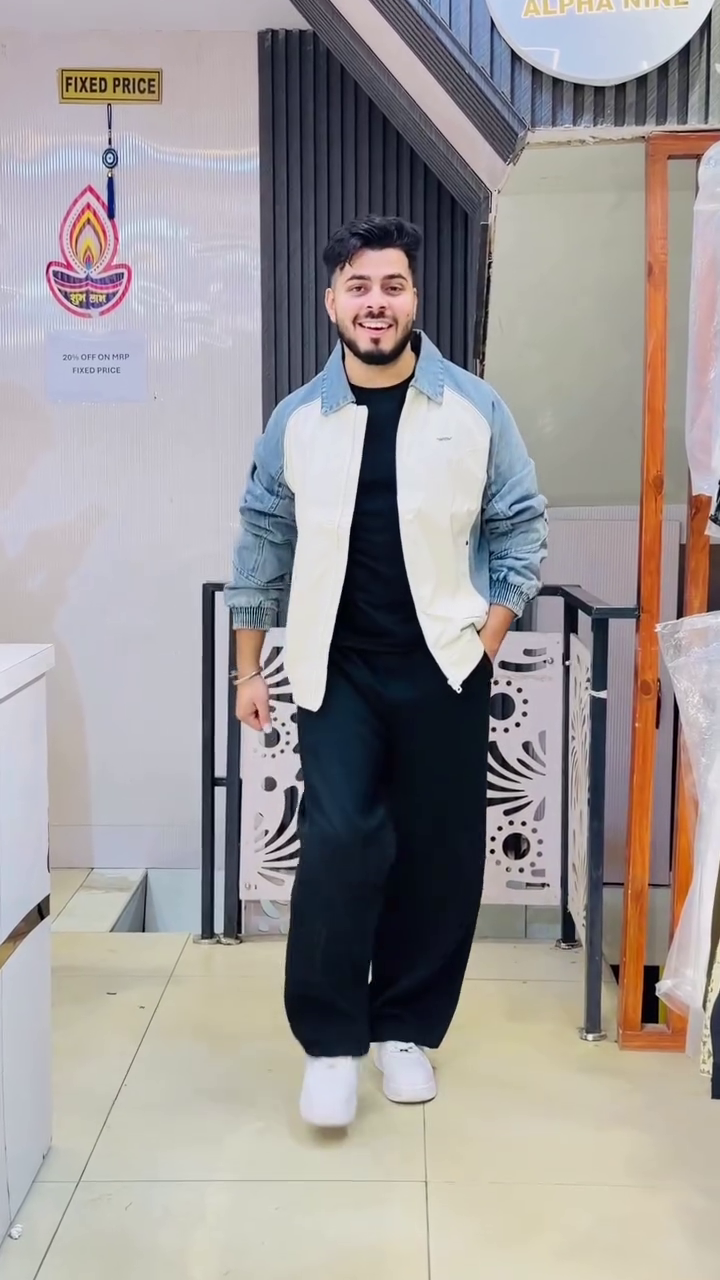 Sporty Cream Casual Jacket With Denim Pocket Accents And Black Joggers 🤍🖤✨