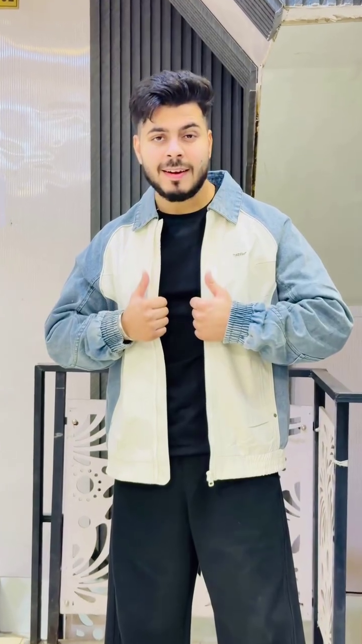 Sporty Cream Casual Jacket With Denim Pocket Accents And Black Joggers 🤍🖤✨