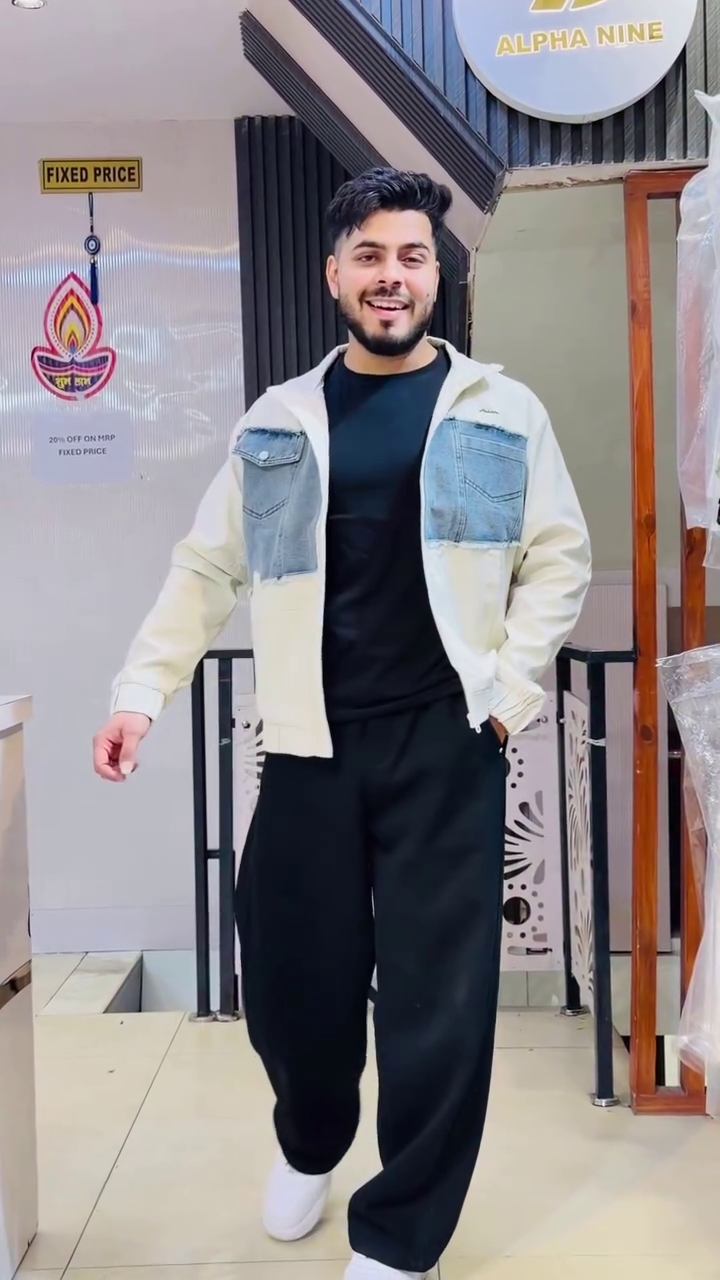Sporty Cream Casual Jacket With Denim Pocket Accents And Black Joggers 🤍🖤✨