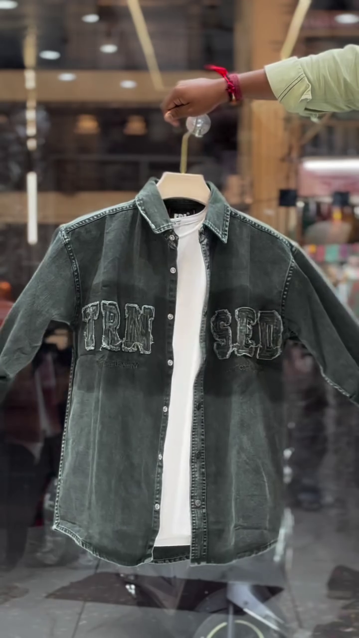 Vintage Washed Dark Green Denim Overshirt With Contrast Lettering Appliques 💚🧥✨
