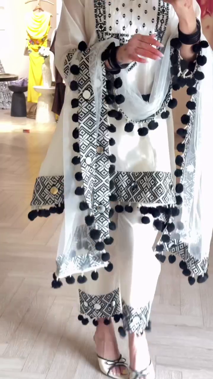 White Designer Salwar Suit Set With Black Geometric Print And Pom-Pom Trim 🤍🖤✨