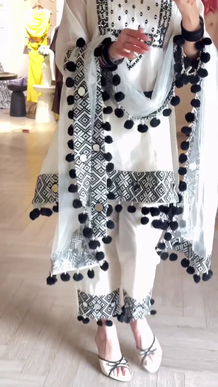 White Designer Salwar Suit Set With Black Geometric Print And Pom-Pom Trim 🤍🖤✨