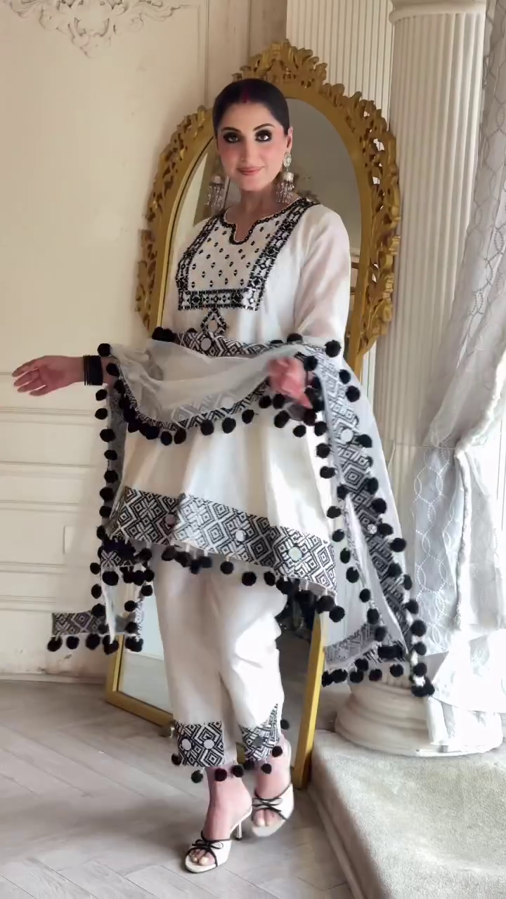 White Designer Salwar Suit Set With Black Geometric Print And Pom-Pom Trim 🤍🖤✨