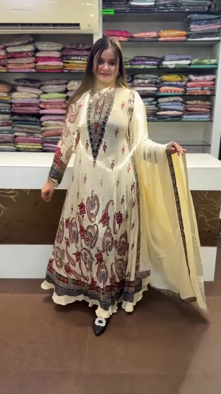 Cream-Colored Embroidered Anarkali Suit With Ornate Neckline And Matching Dupatta 🤍✨