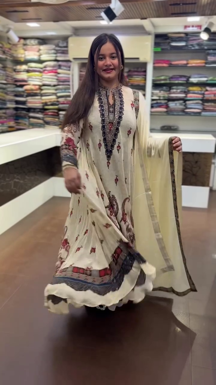 Cream-Colored Embroidered Anarkali Suit With Ornate Neckline And Matching Dupatta 🤍✨
