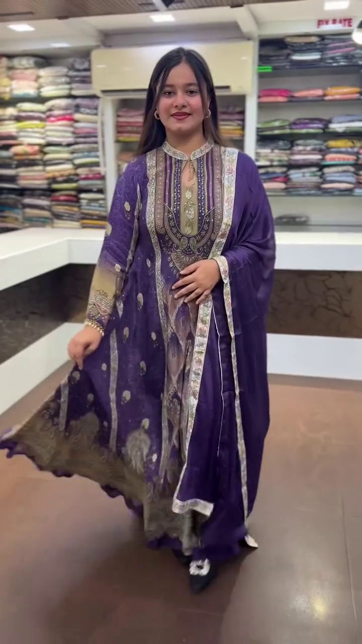 Cream-Colored Embroidered Anarkali Suit With Ornate Neckline And Matching Dupatta 🤍✨