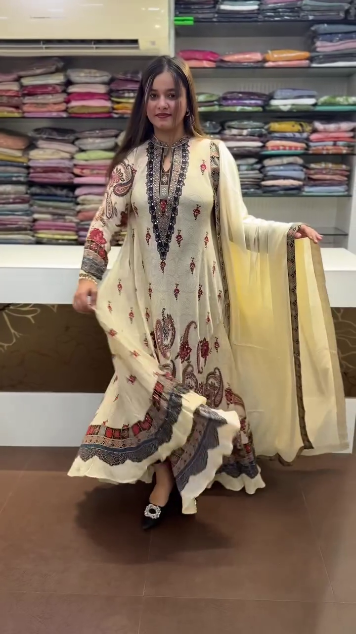 Cream-Colored Embroidered Anarkali Suit With Ornate Neckline And Matching Dupatta 🤍✨