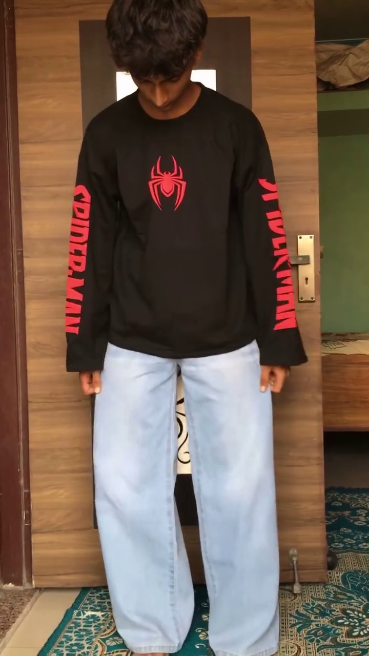 Black Spider-Man Long-Sleeve Graphic Sweatshirt With Light Blue Wide-Leg Denim Jeans 🕷️🖤
